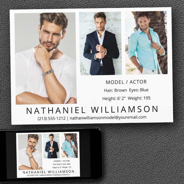 Convite Placa Comp de 3 Fotografias do Ator Modelo Modern  (Customize to change background color, text size, style or to add more photos to back of card.)