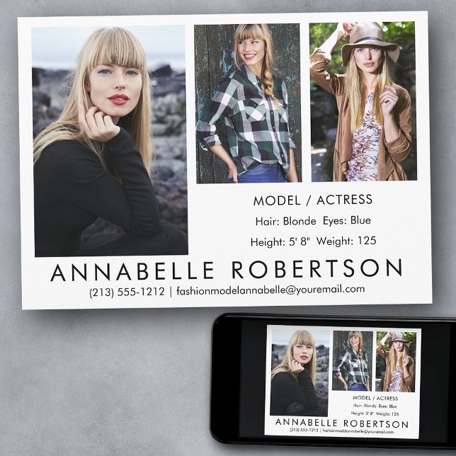 Convite Placa Comp do Ator 3 Fotografias de Modelo Moderno (Customize to change background color, text size, style or to add more photos to back of card.)