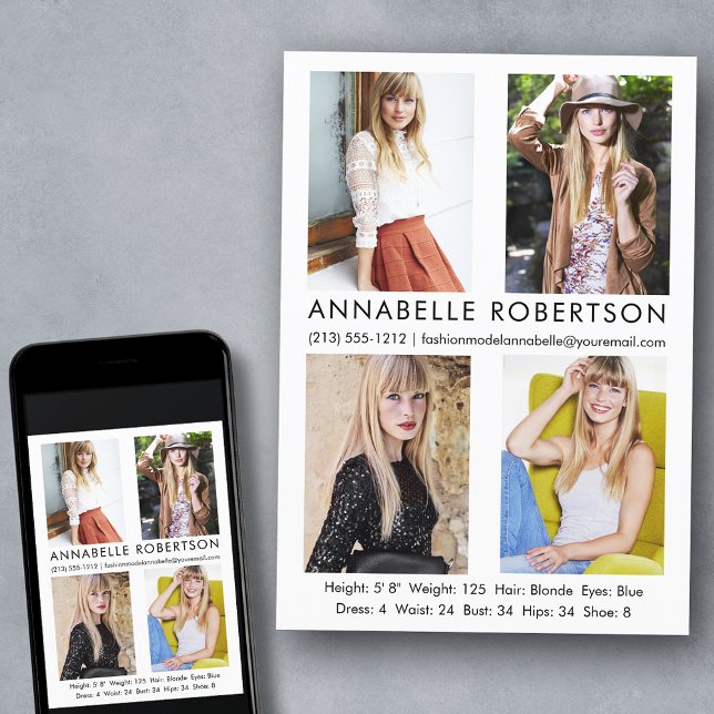 Convite Placa Comp do Ator 4 Fotografias de Modelo Moderno (Customize to change background color, text size, style or to add more photos to back of card.)