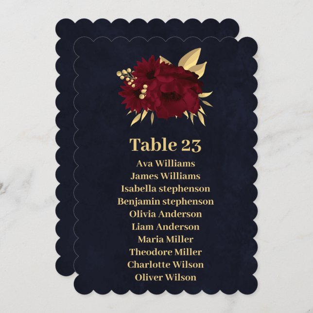 Convite Placa de assentos azuis de marinho Chic burgundy e (Frente/Verso)