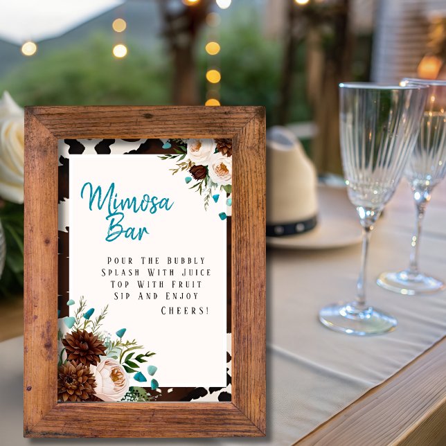 Convite Placa de Bar Mimosa Turquesa Boho Flores Silvestre (Western Boho Wildflowers Turquoise Mimosa Bar Sign)