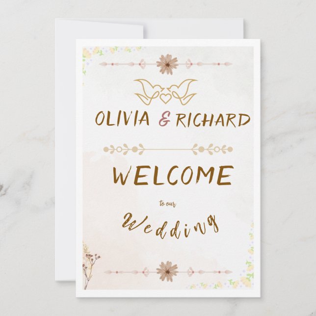 Convite Placa de Boas-Vindas de Casamento com Flores Perso (Frente)