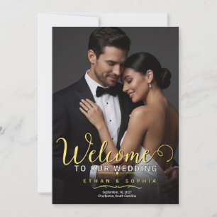 Convite Placa de Boas-Vindas de Casamento com Foto em Ouro