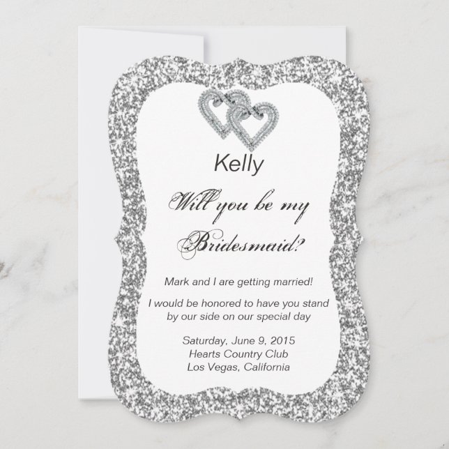 Convite Placa de Bridesmaid com Corações Diamantes de Silv (Frente)