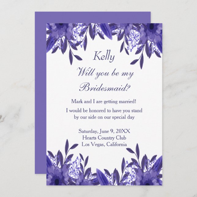 Convite Placa de Bridesmaid da Folhagem Azul Roxo (Frente/Verso)