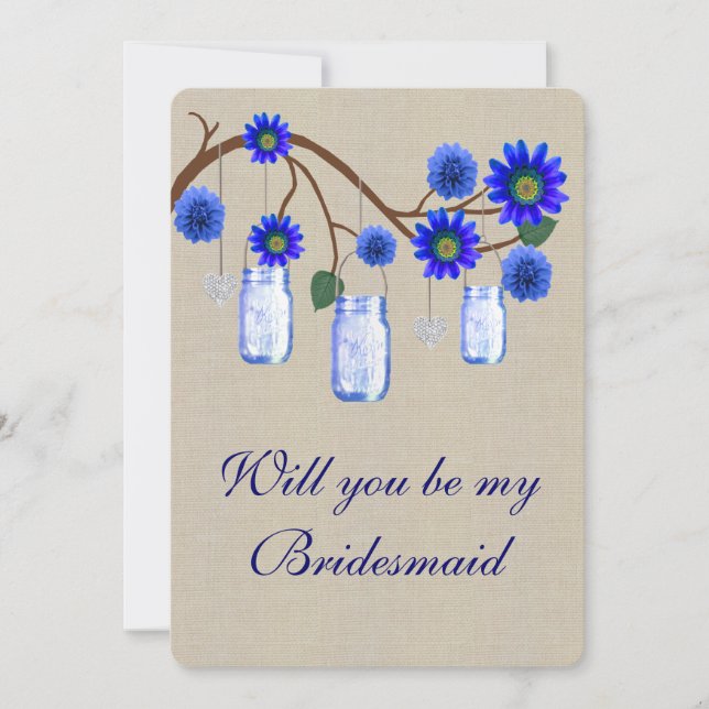 Convite Placa de Bridesmaid do Burlap Blue Mason Jars (Frente)