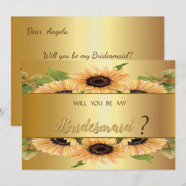 Convite Placa de Bridesmaid Elegante Dourada Sunflower (Frente/Verso)