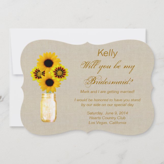 Convite Placa de Bridesmaid Mason Jar Amarelo-Burlap (Frente)