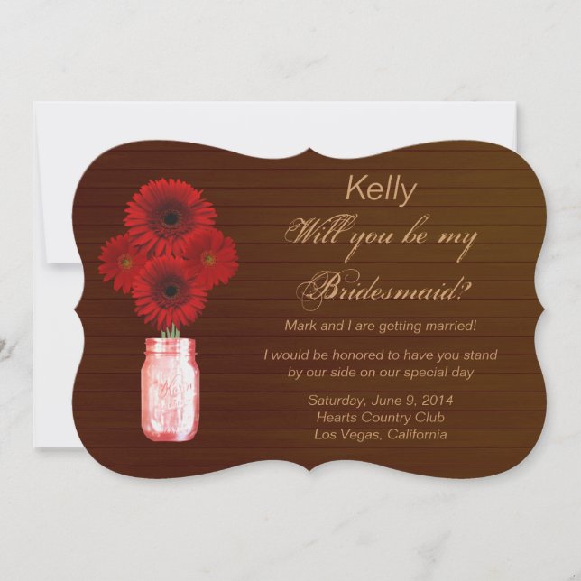 Convite Placa de Bridesmaid Mason Jar Red Rustic Country (Frente)