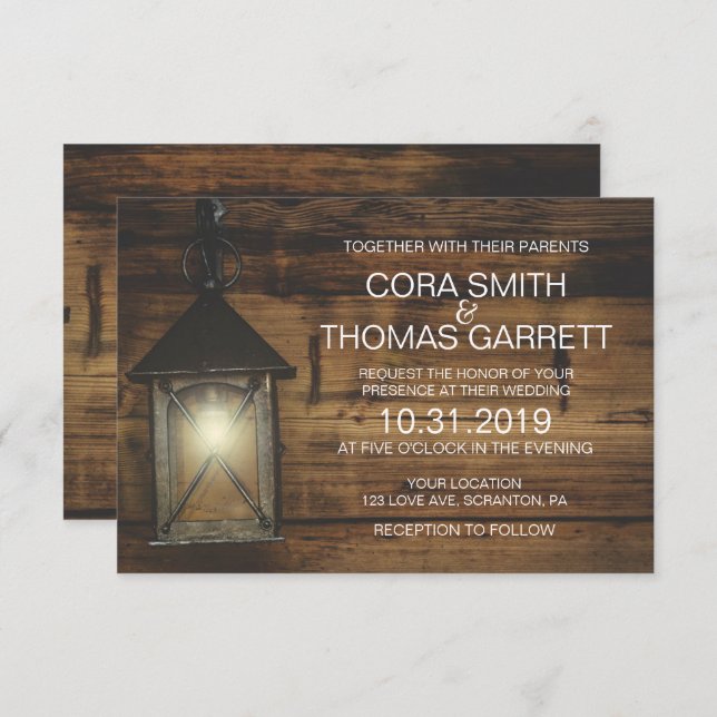 Convite Placa de Casamento das Luzes de Lanterna Rústica E (Frente/Verso)