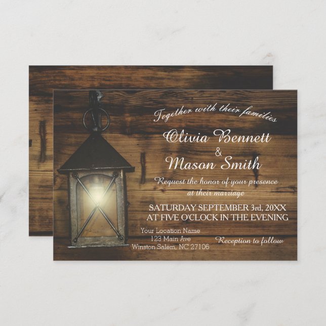 Convite Placa de Casamento das Luzes de Lanterna Rústica E (Frente/Verso)