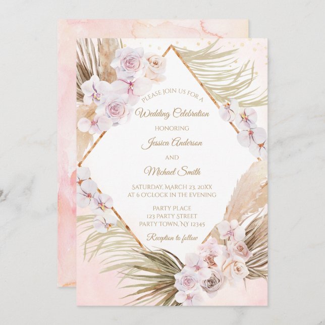 Convite Placa de Casamento Floral Lush Pink e Dourada de W (Frente/Verso)