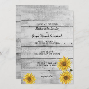 Convite Placa de Casamento Rustic White Wood Sunflower