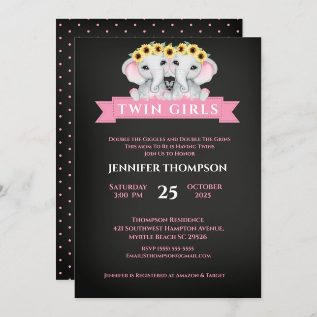 Convite Placa de Chá de fraldas girassol gêmeo elefante (Frente/Verso)