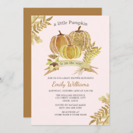 Convite Placa de Chá de fraldas rosa com queda de abóbora