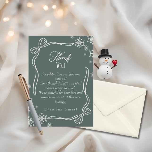 Convite Placa de Chá de fraldas Winter Coquette Green Obri (Winter Coquette green Thank You Baby Shower Card)