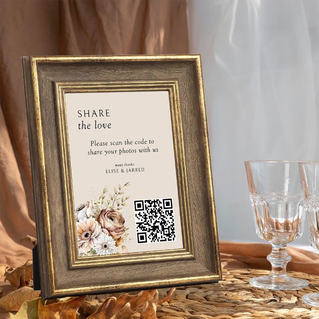 Convite Placa de Compartilhamento de Fotos do Código QR pa (Photo sharing sign from the Rustic Floral Brown Neutral Wedding Collection by Darling & May)