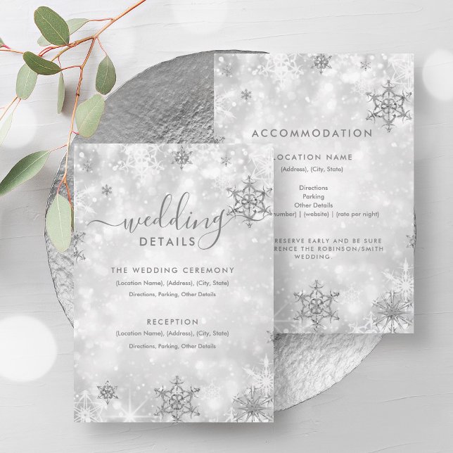 Convite Placa de Detalhes do Casamento no inverno de Prata (Festive Sparkle Silver Winter Wedding Details Card)