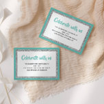 Convite Placa de Detalhes do Teal e Prata do Bat Mitzvah<br><div class="desc">Esta placa de inserção de tendência apresenta letras em negrito na parte frontal com um aspecto em camadas em cintilação prateada e branca,  e um fundo de cor sólida. Adicione seu texto usando o formulário modelo. Altere a fonte,  o layout e as cores usando o recurso Personalizar.</div>