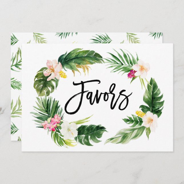 Convite Placa de Favors de Grinalda Floral Tropical em Aqu (Frente/Verso)