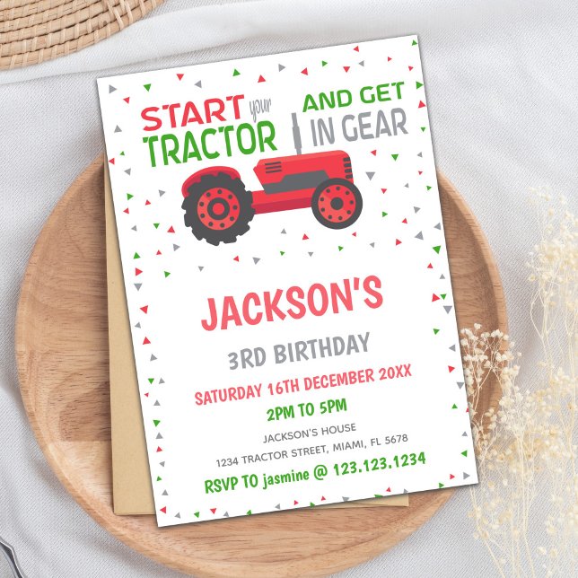 Convite Placa de fazenda para Crianças e Crianças (Red Tractor Birthday Invitations)