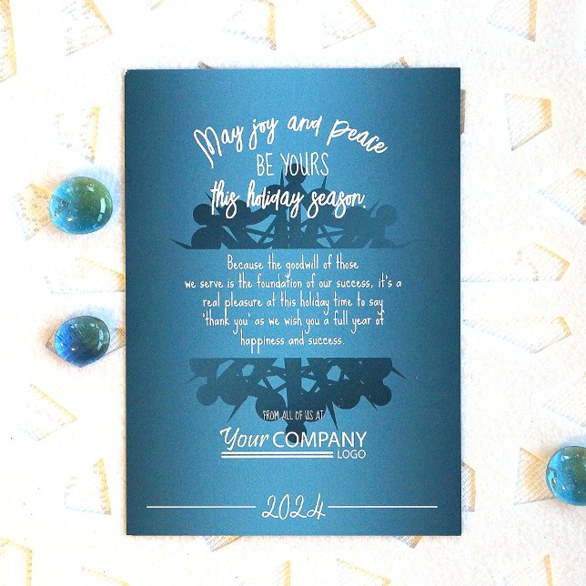 Convite Placa de Férias de Fenda de Neve Azul Teal White L (Modern elegant snowflake, teal  blue company logo christmas greeting card)