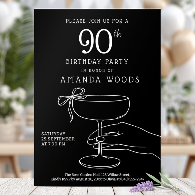 Convite Placa de Festa de aniversário 90 preto sofisticada (Criador carregado)