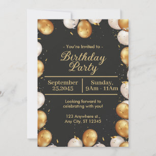 Convite Placa de Festa de aniversário Simples Preta e Dour