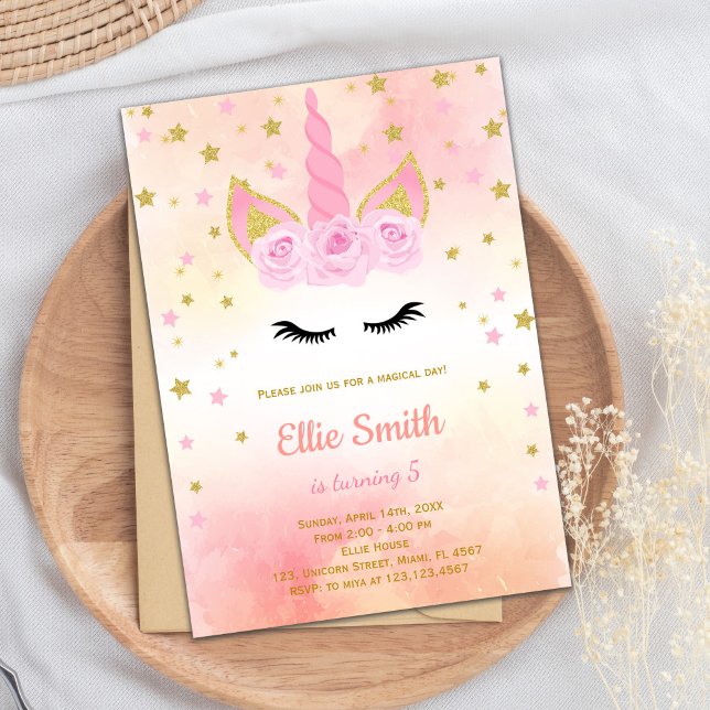 Convite Placa de festa de garota mágica elegante com Desig (Rose Pink Unicorn Birthday Invitations)
