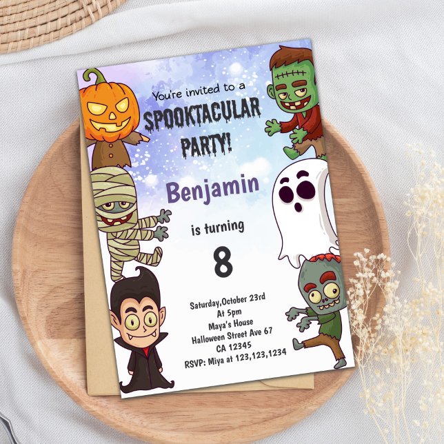 Convite Placa de Festa de Spooky Editável (Boy Halloween Birthday Invitations)