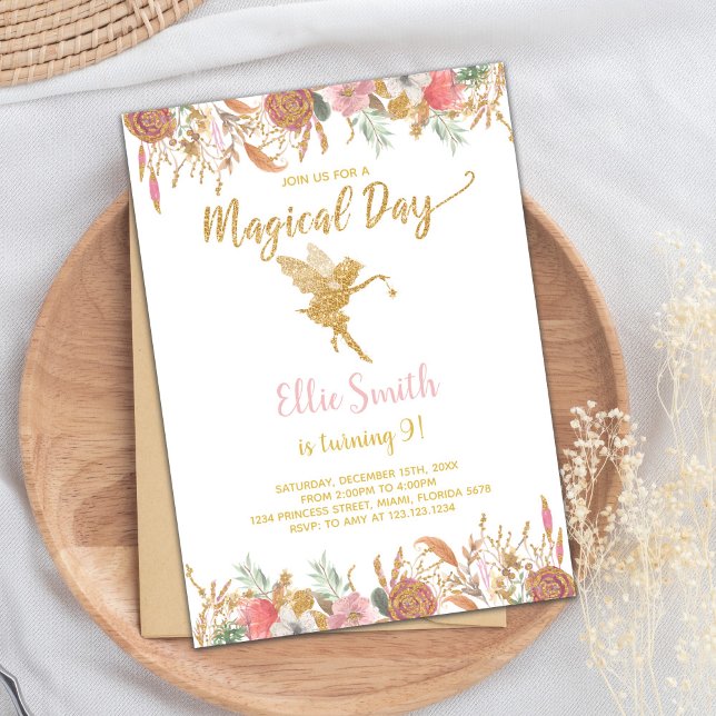 Convite Placa de festa do jardim rosa-mágico (Glitter Floral Fairy Birthday Invitations)