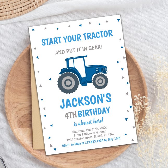 Convite Placa de Festa Tema de fazenda para Meninos (Blue Tractor Birthday Invitations)