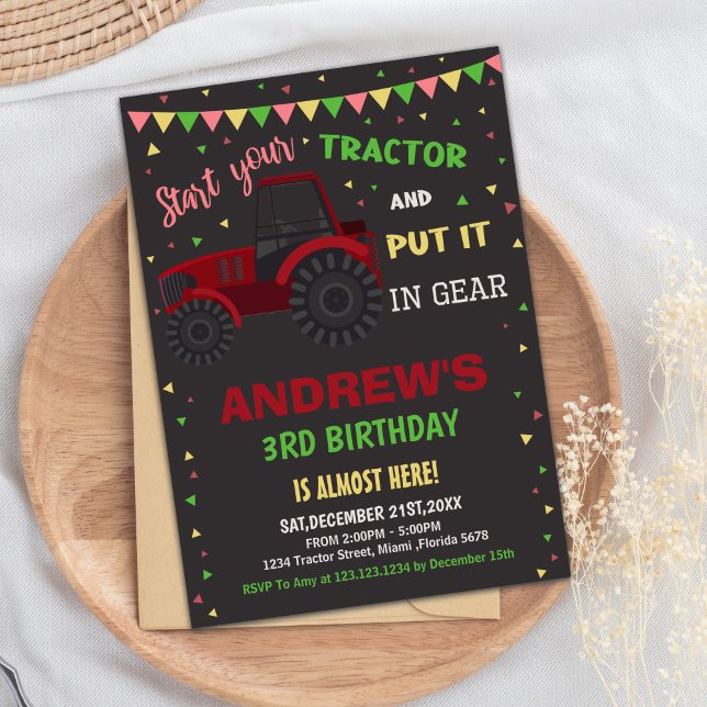 Convite Placa de Festas de Fazenda Negrito para Meninos (Red Black Tractor Birthday Invitations)