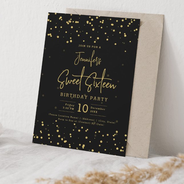 Convite Placa de Foil Dourada Glam Doce Doce 16 Preto (Glam Gold Faux Foil Dots Sweet 16 Black Invitation)