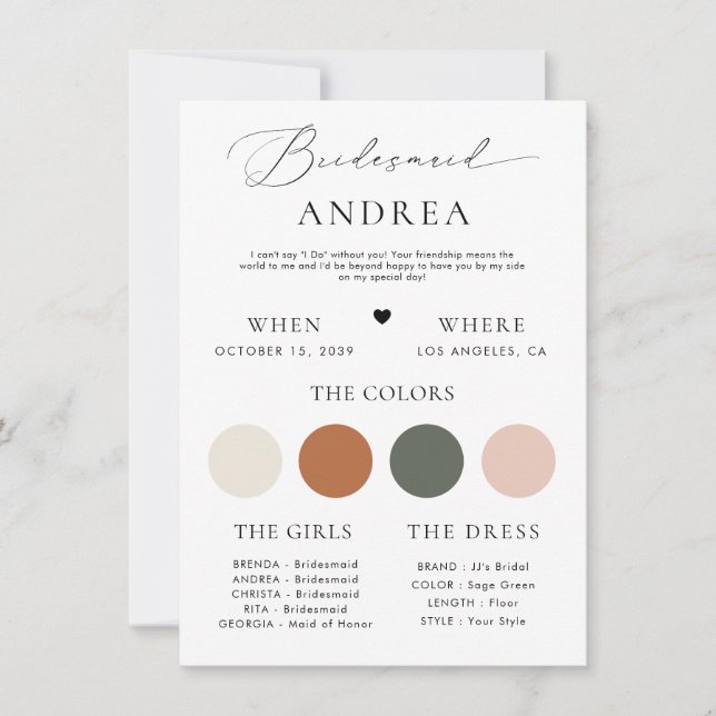 Convite Placa de Informações de Bridesmaid de Script de Na (Frente)
