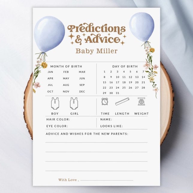 Convite Placa de Jogo de Chá de fraldas de Previsões e Con (Balloon Predictions & Advice Baby Shower Game Card)
