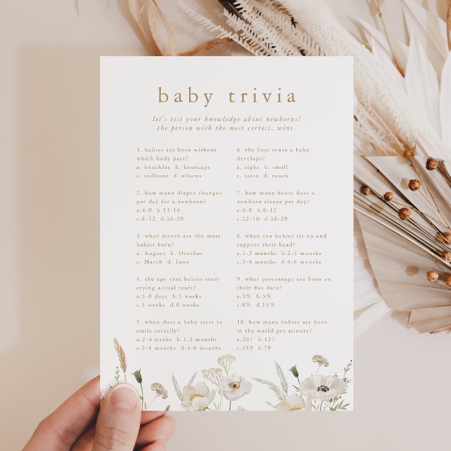 Convite Placa de Jogo Trivia do Chá de fraldas Flor ALYSSA (ALYSSA Boho Flower Baby Shower Trivia Game Card)