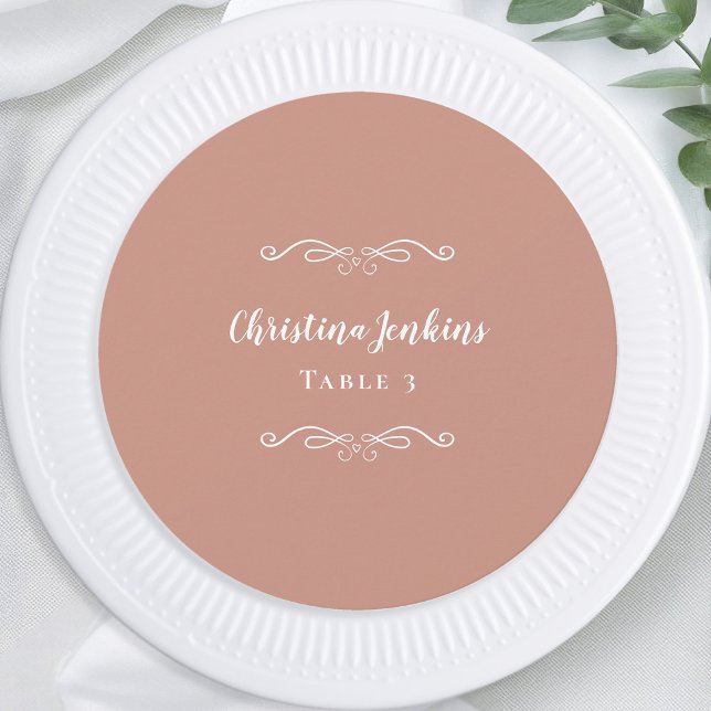 Convite Placa de Lugar de Convidado Elegante Rosa Dourada  (Wedding Elegant Pink Blush White Round Custom Guest Dinner Table Place Card)