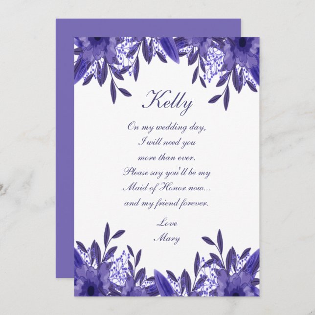 Convite Placa de Madrinha de casamento Floral Azul Roxo (Frente/Verso)