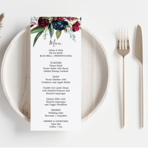 Convite Placa de Menu Jantar Floral do Marinho Borgonha Mo