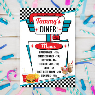Convite Placa de menu Retro Diner Black, White & Red da dé