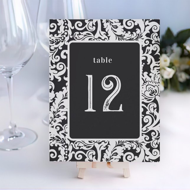 Convite Placa de Mesa Floral Branca e Preta Moderna (elegant black and white floral damask wedding table number card)