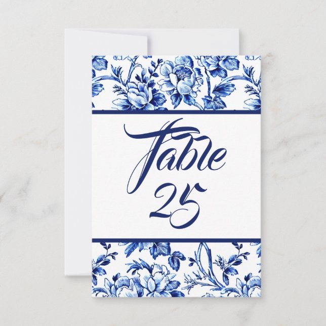Convite Placa de Número de Tabela Floral Azul e Branco (Frente)