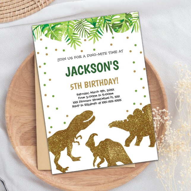 Convite Placa de Partido Pré-Histórica itinerante (Brown Glitter Dinosaur Birthday Invitations)