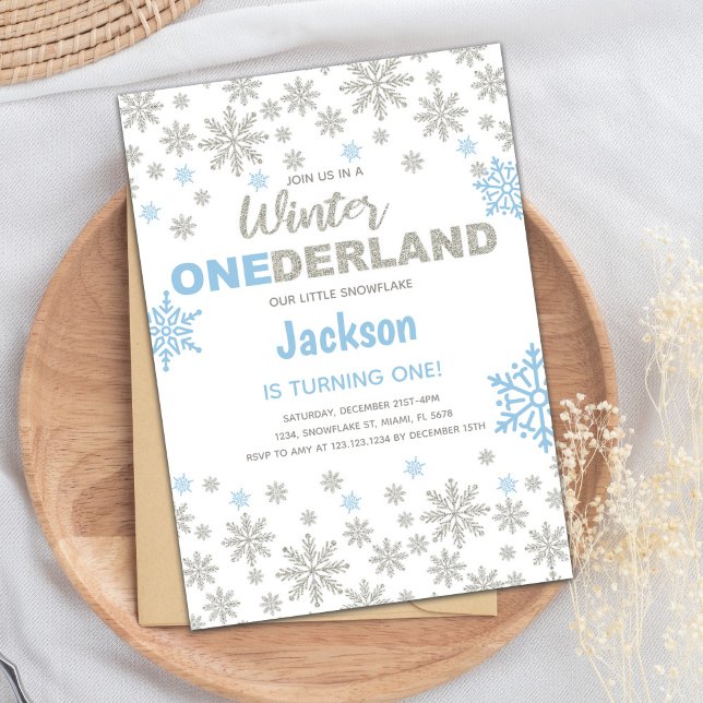 Convite Placa de primeiro aniversario Snowflake (Blue Silver SnowFlake Winter Birthday Onederland Invitation)