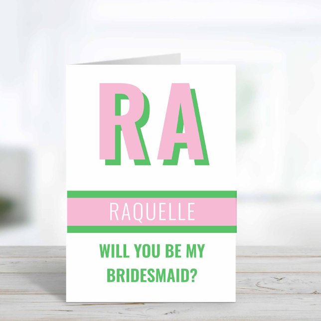 Convite Placa de Proposta de Festa de casamento Monograma  (Light Pink + Green Will you be my Bridesmaid Card)