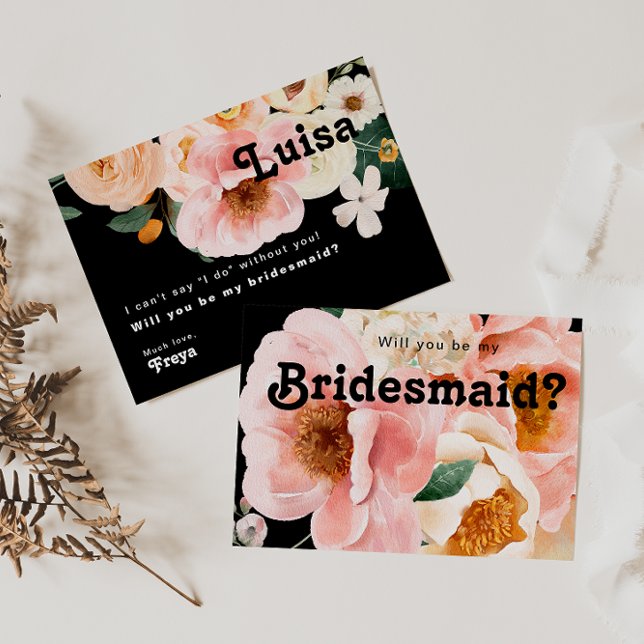 Convite Placa de Proposta Floral Black Bridesmaid (Criador carregado)