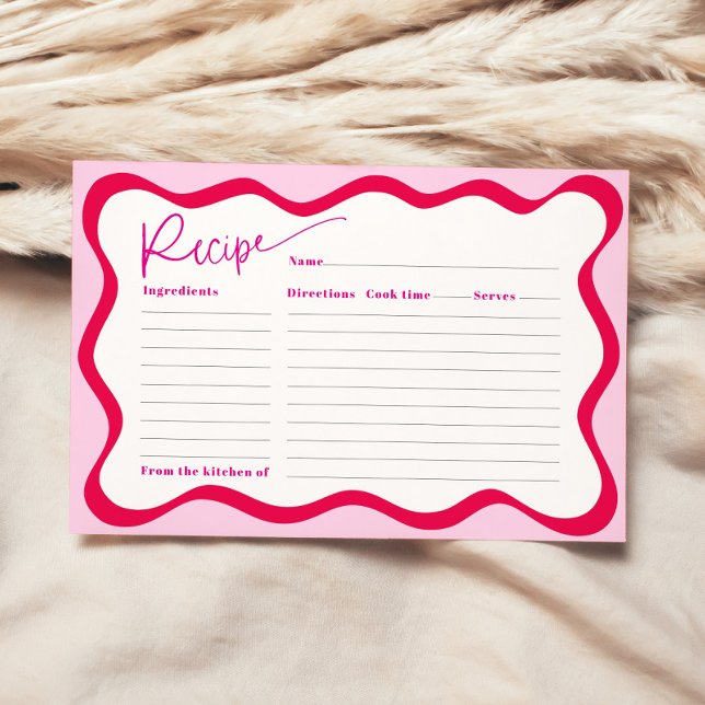Convite Placa de recebimento do Chá de panela de borda ond (Hot pink wavy border recipe card for bridal shower)
