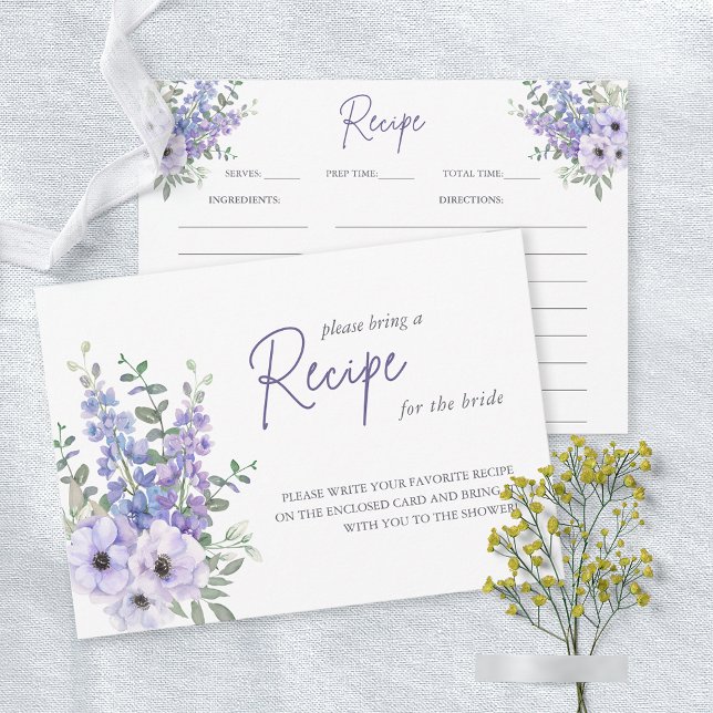 Convite Placa de Receita do Chá de panela de Flor Puro com (Watercolor Purple Flower Bridal Shower Recipe Card)
