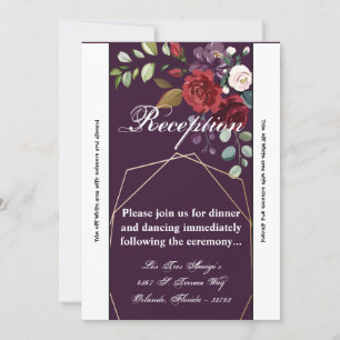Convite Placa de recepção 3,5x7 Plum Rosas roxos Dourados